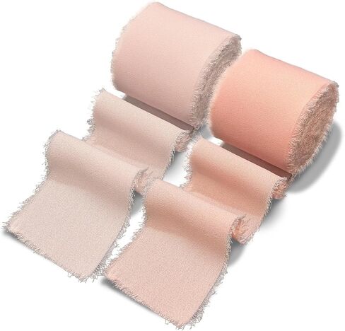 Pink Chiffon Ribbon, 2 inch x 10 Yard Chiffon Silk Fabric Fringe Frayed Ribbon for Wedding,Party Decoration, Flower Bouquet Wrapping, Gift, DIY (Pink, 2" x 10yd, 2 Rolls) in Kuwait