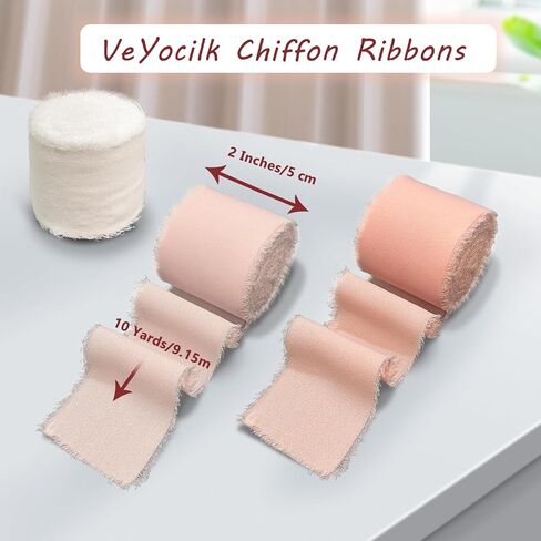Pink Chiffon Ribbon, 2 inch x 10 Yard Chiffon Silk Fabric Fringe Frayed Ribbon for Wedding,Party Decoration, Flower Bouquet Wrapping, Gift, DIY (Pink, 2" x 10yd, 2 Rolls) in Kuwait