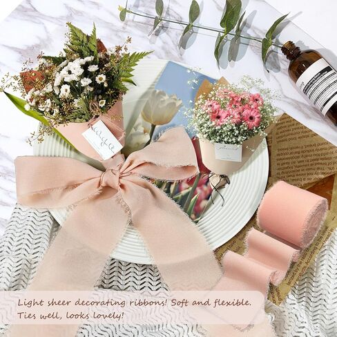 Pink Chiffon Ribbon, 2 inch x 10 Yard Chiffon Silk Fabric Fringe Frayed Ribbon for Wedding,Party Decoration, Flower Bouquet Wrapping, Gift, DIY (Pink, 2" x 10yd, 2 Rolls) in Kuwait