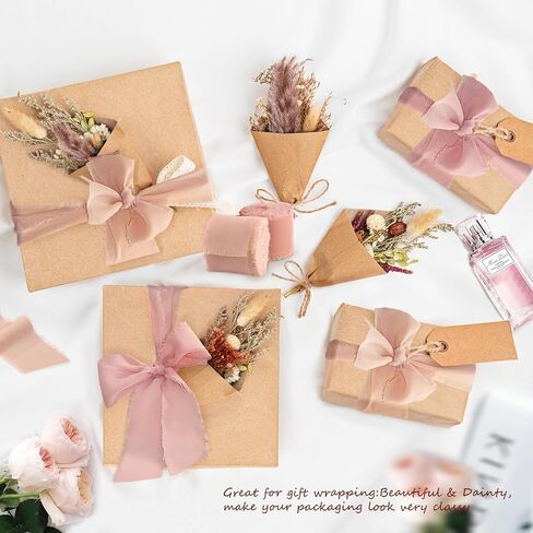 Pink Chiffon Ribbon, 2 inch x 10 Yard Chiffon Silk Fabric Fringe Frayed Ribbon for Wedding,Party Decoration, Flower Bouquet Wrapping, Gift, DIY (Pink, 2" x 10yd, 2 Rolls) in Kuwait