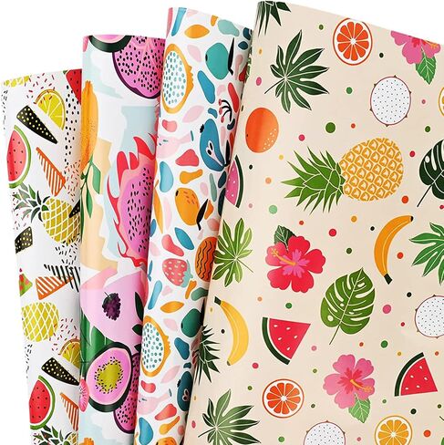 Bolsome 12 Sheets 28 * 20 Inches Summer Fruit Gift Wrapping Paper, 4 Patterns, Hawaiian Tropical Wrapping Paper for Gift Bags for Summer Holiday, Birthday and Baby Shower DIY Crafts in Saudi Arabia