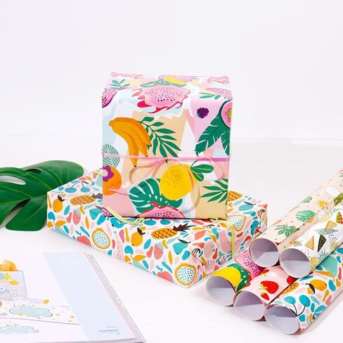 Bolsome 12 Sheets 28 * 20 Inches Summer Fruit Gift Wrapping Paper, 4 Patterns, Hawaiian Tropical Wrapping Paper for Gift Bags for Summer Holiday, Birthday and Baby Shower DIY Crafts in Saudi Arabia