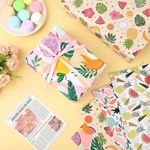 Bolsome 12 Sheets 28 * 20 Inches Summer Fruit Gift Wrapping Paper, 4 Patterns, Hawaiian Tropical Wrapping Paper for Gift Bags for Summer Holiday, Birthday and Baby Shower DIY Crafts in Saudi Arabia
