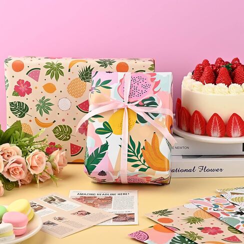 Bolsome 12 Sheets 28 * 20 Inches Summer Fruit Gift Wrapping Paper, 4 Patterns, Hawaiian Tropical Wrapping Paper for Gift Bags for Summer Holiday, Birthday and Baby Shower DIY Crafts in Saudi Arabia