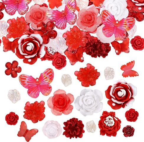 BEEFLIYNG 1 PACK Random Mixed 3D Resin ABS Colorful Rose Flower Butterfly Bow Charm Pearl Bead Acrylic Floral Decor Cabochons for Bracelet Earring Necklace Phone Case Craft DIY Jewelry Making in Kuwait