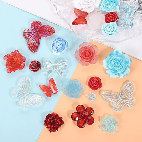 BEEFLIYNG 1 PACK Random Mixed 3D Resin ABS Colorful Rose Flower Butterfly Bow Charm Pearl Bead Acrylic Floral Decor Cabochons for Bracelet Earring Necklace Phone Case Craft DIY Jewelry Making in Kuwait