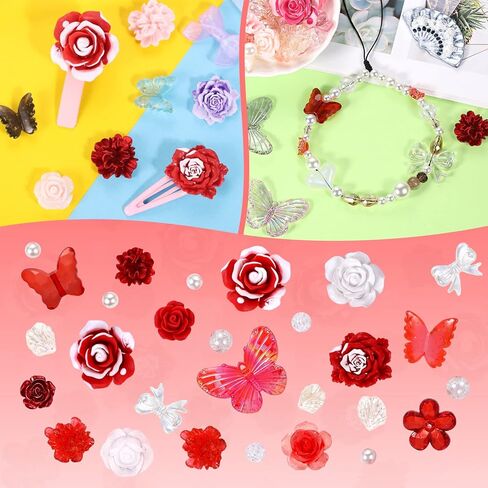 BEEFLIYNG 1 PACK Random Mixed 3D Resin ABS Colorful Rose Flower Butterfly Bow Charm Pearl Bead Acrylic Floral Decor Cabochons for Bracelet Earring Necklace Phone Case Craft DIY Jewelry Making in Kuwait