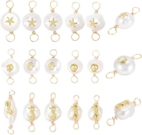 BENECREAT 36Pcs 3 Styles Natural Freshwater Pearl Connector Charms Baroque Pearl Beads Links Charms with Golden Starfish Shell Seahorse Pattern for DIY Jewelry Making, No Gemstone in Saudi Arabia