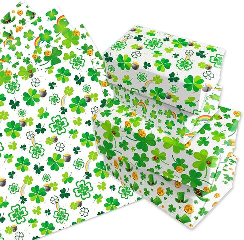12 ورقة ورق تغليف هدايا عيد القديس باتريك 4 تصاميم خضراء شامروك البرسيم ورق تغليف المناديل الورقية الأيرلندية للعطلات ورقة الفن لحفلات أعياد الميلاد تغليف الهدايا الحرفية اليدوية، 20 × 27 انش in Kuwait