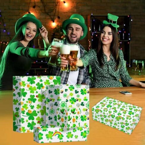 12 ورقة ورق تغليف هدايا عيد القديس باتريك 4 تصاميم خضراء شامروك البرسيم ورق تغليف المناديل الورقية الأيرلندية للعطلات ورقة الفن لحفلات أعياد الميلاد تغليف الهدايا الحرفية اليدوية، 20 × 27 انش in Kuwait