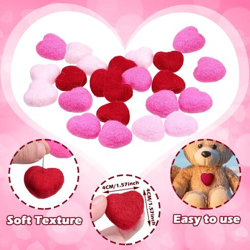 15 Pieces Valentine's Day Felt Hearts Craft Heart Shaped Felt Wool Beads Wool Heart Pom Pom Red Felt Hearts Handmade DIY Felt Ball for Valentine Home Decor Party Decor Red Pink Rose Red 1.57 Inches in Saudi Arabia