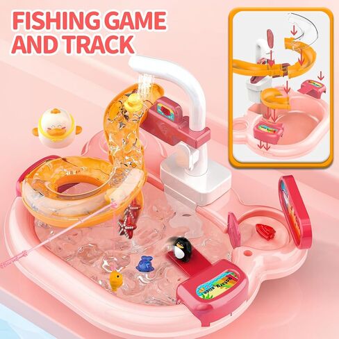 حوض لعب مع مياه جارية، مجموعة ألعاب حوض مطبخ للأطفال وصيد الأسماك مع صنبور كهربائي، ملحقات مطبخ الألعاب، لعب الطعام، مجموعة لعب دور التظاهر لهدايا عيد ميلاد الفتيات الصغيرات in Kuwait