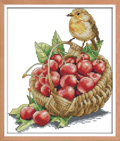 مجموعة غرز متقاطعة مختومة، نمط مطبوع عليه اون4بي Bird and Cherries 11CT 11 × 13.8 انش، مجموعة تطريز يمكنك صنعها بنفسك (الكرز) in Kuwait