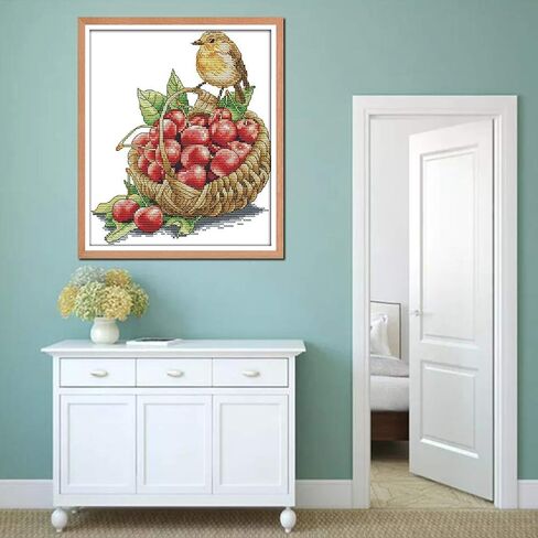 مجموعة غرز متقاطعة مختومة، نمط مطبوع عليه اون4بي Bird and Cherries 11CT 11 × 13.8 انش، مجموعة تطريز يمكنك صنعها بنفسك (الكرز) in Kuwait