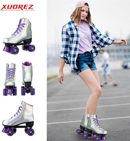 زلاجات دوارة من XUDREZ للنساء والفتيات، زلاجات دوارة فضية ليزر أنيقة، زلاجات دوارة كلاسيكية عالية الجودة بصف مزدوج للمبتدئين، زلاجات دوارة داخلية وخارجية in Kuwait