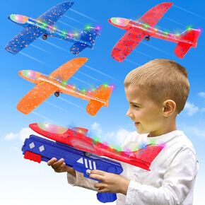 Refasy 3 Pack Airplane Launcher Toys, 2 Flight Mode LED Glider Catapult Plane Toy with Launcher, Kids Gifts for 4-12 Year Old, Boys Girls Glider Plane Outdoor Flying Toys in Kuwait