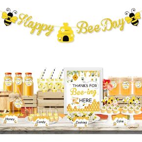 يوتوب مجموعة ديكورات حفلات النحلة، لافتة هابي بي داي للحلوى وهدايا طاولة الطعام والخيام وملصقات الاكواب وبطاقات هدايا مع خيط لحفلات عيد الميلاد بتصميم نحلة العسل، ديكور حفلات عيد الميلاد in Kuwait