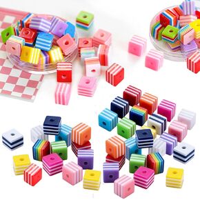200pcs 8mm Resin Stripe Beads Mixed Colors Square Rainbow Beads for Jewelry Making Plastic Cube Beads Colorful Spacer Beads Bracelets DIY Crafts Christmas Ornament Gifts