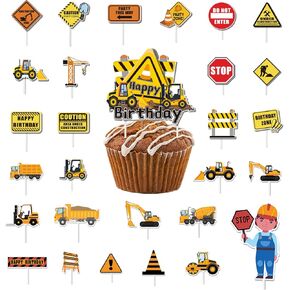 فاراكيل 29 قطعة من اعواد تزيين الكب كيك للبناء، لافتة ايقاف شاحنة قلابة وحفارة وجرار لتزيين الكب كيك لحفلات اعياد الميلاد وحفلات استقبال المولود وحفلات اعياد الميلاد للاطفال in Kuwait