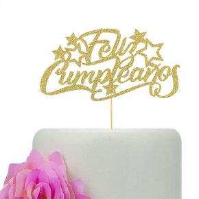 غلاف كعكة Feliz Cumpleaños الإسباني - ديكور كعكة عيد ميلاد سعيد ذهبي لامع، لوازم تزيين حفلات أعياد الميلاد in Kuwait