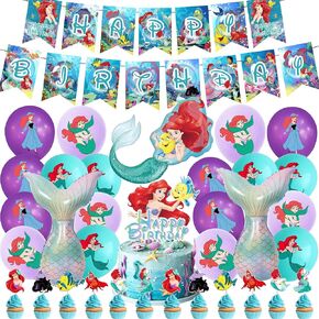 Little Mermaid Birthday Party Decorations for Girls Ariel Princess Birthday Party Supplies Includes Happy Birthday Banner,Latex Balloons, Shaped Foil Balloons, Cake Topper, Cupcake Toppers for Girls Little Mermaid Party Gift in Kuwait