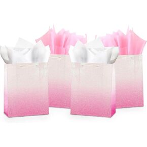 UNIQOOO 12Pcs Blue Glitter Ombre Gift Bags Bulk, 100% Recyclable Gift Wrapping Paper Bags, for Bridal Baby Shower, Wedding Birthday Party Favor Thank You Bag, Easter, Mother's Day, Medium 9x7x4 inch