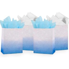 UNIQOOO 12Pcs Blue Glitter Ombre Gift Bags Bulk, 100% Recyclable Gift Wrapping Paper Bags, for Bridal Baby Shower, Wedding Birthday Party Favor Thank You Bag, Easter, Mother's Day, Medium 9x7x4 inch in Kuwait
