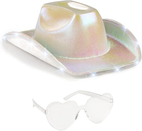 Funcredible Gold Light Up Cowboy Hat and Glasses - Led Cowgirl Hat for Girls - Neon Cowboy Hat - Cowgirl Costume Accessories for Women in Saudi Arabia