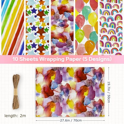 PETOX Gift Wrapping Paper Set, rainbow birthday foldable gift wrapping paper with kraft color string for birthday parties, weddings, graduations all other occasions, 25.6 * 17.7 inches (10 sheets). in Kuwait