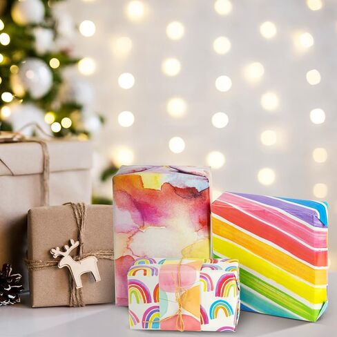 PETOX Gift Wrapping Paper Set, rainbow birthday foldable gift wrapping paper with kraft color string for birthday parties, weddings, graduations all other occasions, 25.6 * 17.7 inches (10 sheets). in Kuwait