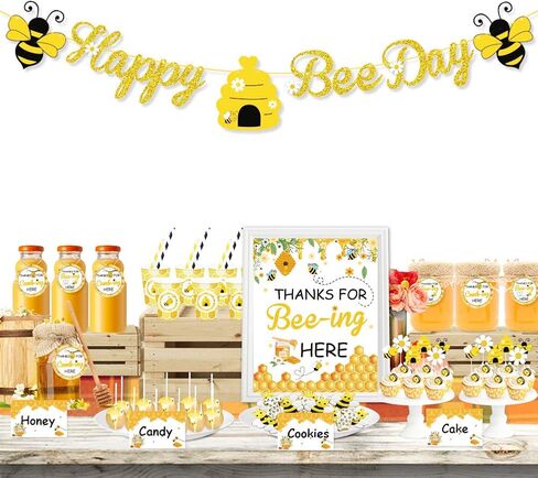 يوتوب مجموعة ديكورات حفلات النحلة، لافتة هابي بي داي للحلوى وهدايا طاولة الطعام والخيام وملصقات الاكواب وبطاقات هدايا مع خيط لحفلات عيد الميلاد بتصميم نحلة العسل، ديكور حفلات عيد الميلاد in Kuwait