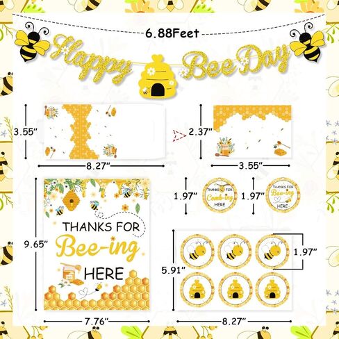 يوتوب مجموعة ديكورات حفلات النحلة، لافتة هابي بي داي للحلوى وهدايا طاولة الطعام والخيام وملصقات الاكواب وبطاقات هدايا مع خيط لحفلات عيد الميلاد بتصميم نحلة العسل، ديكور حفلات عيد الميلاد in Kuwait