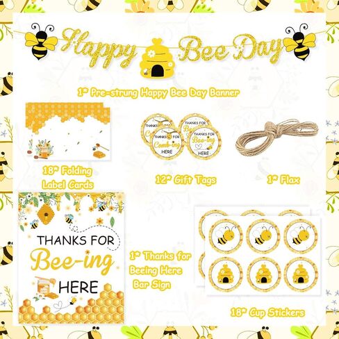 يوتوب مجموعة ديكورات حفلات النحلة، لافتة هابي بي داي للحلوى وهدايا طاولة الطعام والخيام وملصقات الاكواب وبطاقات هدايا مع خيط لحفلات عيد الميلاد بتصميم نحلة العسل، ديكور حفلات عيد الميلاد in Kuwait