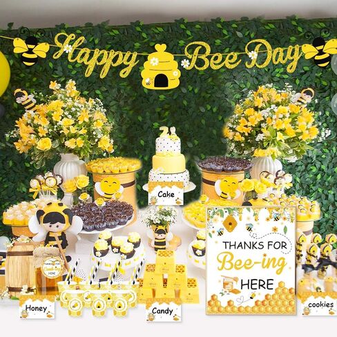 يوتوب مجموعة ديكورات حفلات النحلة، لافتة هابي بي داي للحلوى وهدايا طاولة الطعام والخيام وملصقات الاكواب وبطاقات هدايا مع خيط لحفلات عيد الميلاد بتصميم نحلة العسل، ديكور حفلات عيد الميلاد in Kuwait