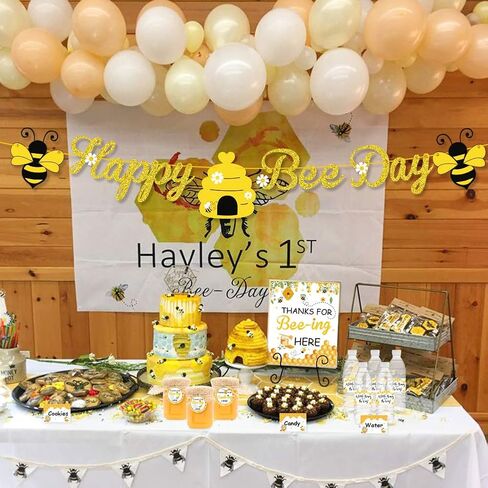 يوتوب مجموعة ديكورات حفلات النحلة، لافتة هابي بي داي للحلوى وهدايا طاولة الطعام والخيام وملصقات الاكواب وبطاقات هدايا مع خيط لحفلات عيد الميلاد بتصميم نحلة العسل، ديكور حفلات عيد الميلاد in Kuwait
