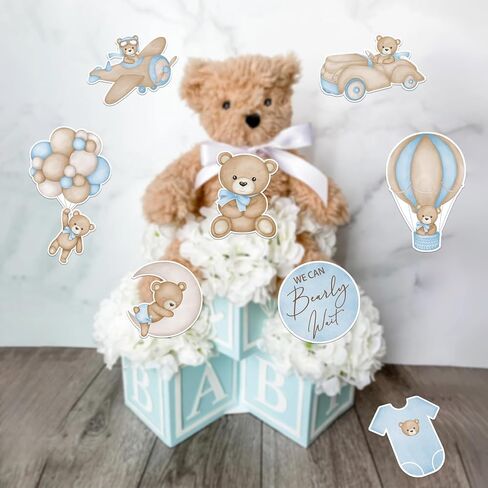 16 قطعة زرقاء بعبارة We Can Bearly Wait لتزيين حفلات استقبال المولود الجديد، قطع مركزية على شكل دب لحفلات استقبال المولود الجديد للاولاد ولوازم حفلات اعياد الميلاد in Kuwait