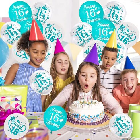 بالونات عيد الميلاد السادس عشر، مجموعة مكونة من 45 بالونة من اللاتكس باللون الفيروزي الحلو ستة عشر - 16 عامًا من ديكورات حفلات أعياد الميلاد باللون الأزرق المخضر والأبيض للفتيات in Kuwait