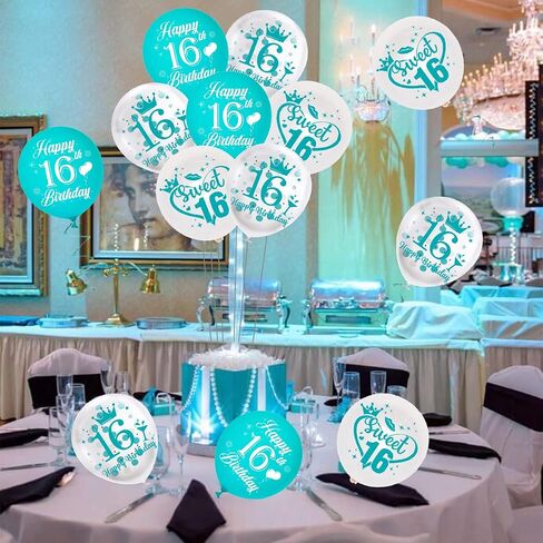 بالونات عيد الميلاد السادس عشر، مجموعة مكونة من 45 بالونة من اللاتكس باللون الفيروزي الحلو ستة عشر - 16 عامًا من ديكورات حفلات أعياد الميلاد باللون الأزرق المخضر والأبيض للفتيات in Kuwait