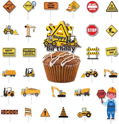 فاراكيل 29 قطعة من اعواد تزيين الكب كيك للبناء، لافتة ايقاف شاحنة قلابة وحفارة وجرار لتزيين الكب كيك لحفلات اعياد الميلاد وحفلات استقبال المولود وحفلات اعياد الميلاد للاطفال in Kuwait
