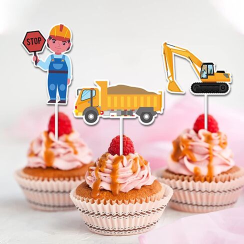 فاراكيل 29 قطعة من اعواد تزيين الكب كيك للبناء، لافتة ايقاف شاحنة قلابة وحفارة وجرار لتزيين الكب كيك لحفلات اعياد الميلاد وحفلات استقبال المولود وحفلات اعياد الميلاد للاطفال in Kuwait