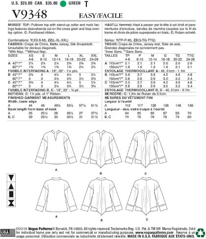 Vogue V9348Y Easy Women's Pullover Stand-Up Collar Top Sewing Patterns, Sizes 4-14 in Saudi Arabia