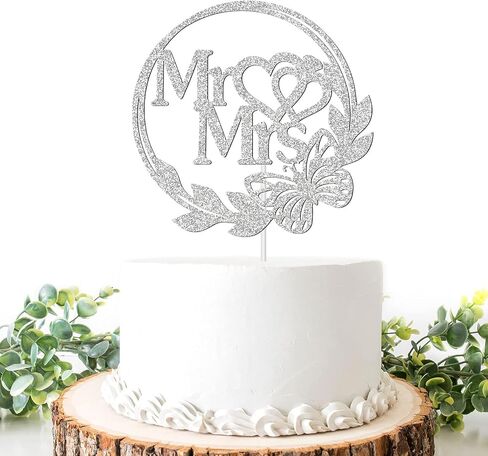 غلاف كيك مستر آند مسز مع فراشة، فضي لامع للعروس والعريس وحفلات الزفاف والعريس وتزيين كعكة الحب، لوازم حفل الخطوبة / الذكرى السنوية in Kuwait
