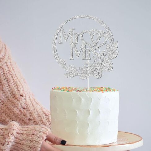 غلاف كيك مستر آند مسز مع فراشة، فضي لامع للعروس والعريس وحفلات الزفاف والعريس وتزيين كعكة الحب، لوازم حفل الخطوبة / الذكرى السنوية in Kuwait