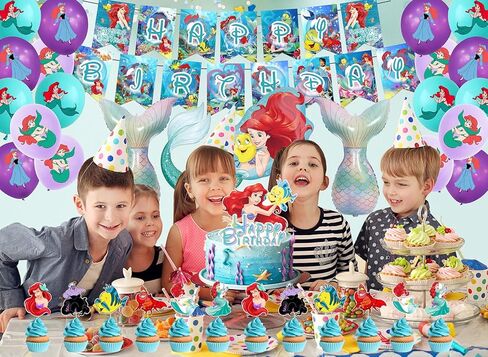 Little Mermaid Birthday Party Decorations for Girls Ariel Princess Birthday Party Supplies Includes Happy Birthday Banner,Latex Balloons, Shaped Foil Balloons, Cake Topper, Cupcake Toppers for Girls Little Mermaid Party Gift in Kuwait
