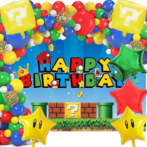 122pc Game Birthday Party Supplies Super Bros Birthday Decorations Party Decorations Include Backdrop, Latex Balloons, Foil Balloons for Boys Girls Game Theme Party in Kuwait