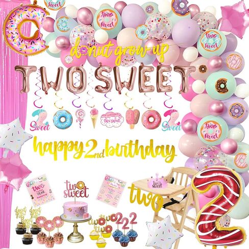 BIUBIU Donut Theme Two Sweet Birthday Decorations for Girl 2nd Party Supplies 2 Year Old Backdrop Cake Topper Two Sweet Letters Balloon Donut Grow Up Banner Fringe Curtain Unique Favor Idea in Kuwait