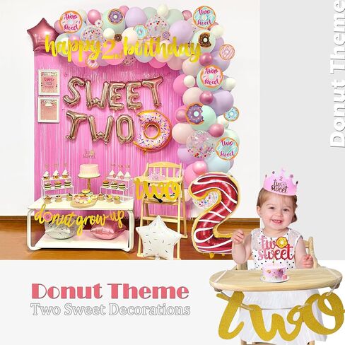BIUBIU Donut Theme Two Sweet Birthday Decorations for Girl 2nd Party Supplies 2 Year Old Backdrop Cake Topper Two Sweet Letters Balloon Donut Grow Up Banner Fringe Curtain Unique Favor Idea in Kuwait