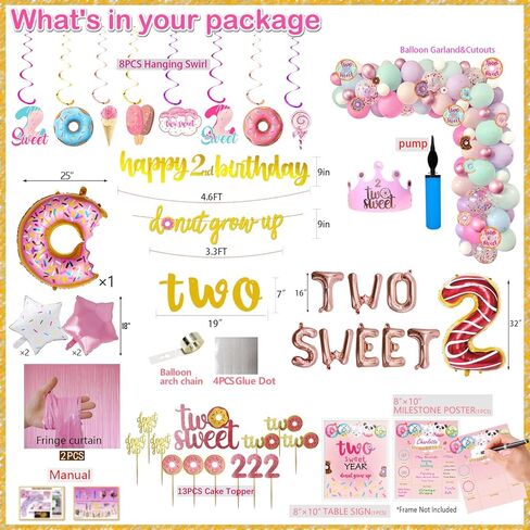 BIUBIU Donut Theme Two Sweet Birthday Decorations for Girl 2nd Party Supplies 2 Year Old Backdrop Cake Topper Two Sweet Letters Balloon Donut Grow Up Banner Fringe Curtain Unique Favor Idea in Kuwait