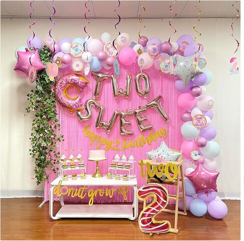 BIUBIU Donut Theme Two Sweet Birthday Decorations for Girl 2nd Party Supplies 2 Year Old Backdrop Cake Topper Two Sweet Letters Balloon Donut Grow Up Banner Fringe Curtain Unique Favor Idea in Kuwait