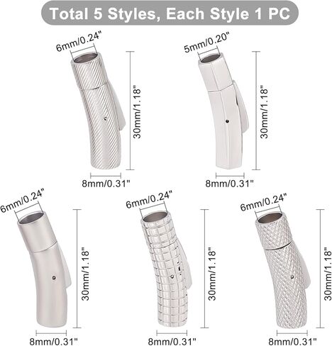 يونيكرافتابل 5 مجموعات 5 انماط من الستانلس ستيل 304، مشابك انبوبية بفتحة 5 ~ 6 ملم، مشابك عمود معدنية موصلات طرفية بحبل جلدي لصنع المجوهرات، لون الستانلس ستيل in Kuwait